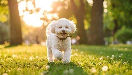 Happy white dog running in a park at sunset