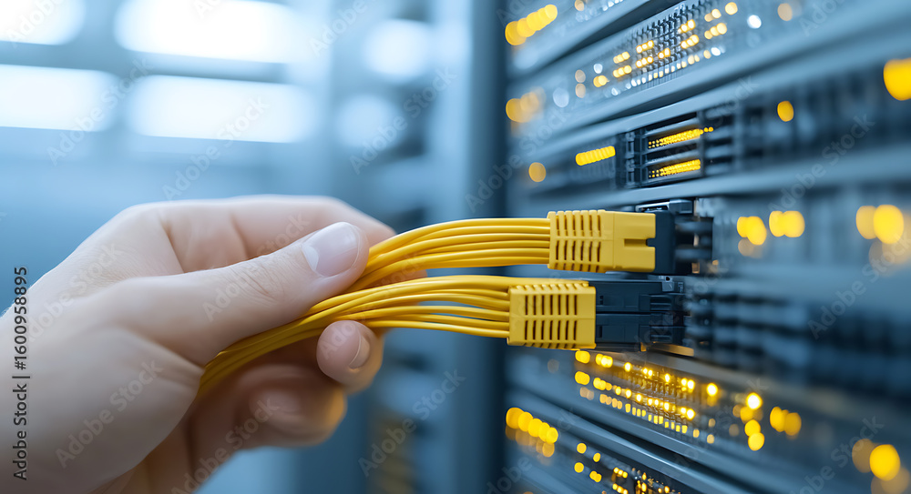 Poster connecting network cables to a server rack, showcasing data center infrastructure. close-up of yello