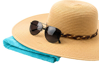 Beach Essentials: Straw Hat, Sunglasses, and Towel Isolated on Transparent Background