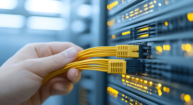 Connecting network cables to a server rack, showcasing data center infrastructure. Close-up of yellow patch cords being plugged into equipment.