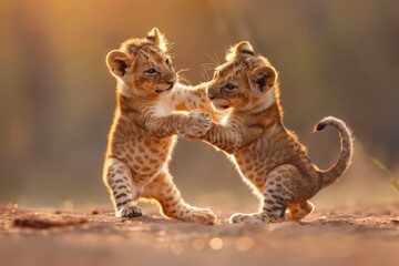 Two playful lion cubs engage in a friendly tussle, surrounded by a warm golden light that highlights their playful nature.
