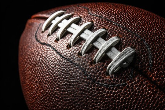 Close-up of an American football, showcasing its textured brown leather, white laces, and stitching against a black background - Powered by Adobe
