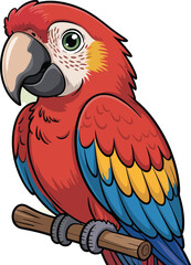 Cheerful Cartoon Scarlet Macaw Perched on Branch, Vibrant Colors, Friendly Expression, Tropical Bird Illustration