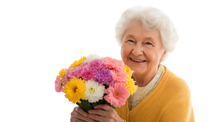 Smiling Senior Woman Holding Colorful Flower Bouquet