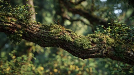 A textured tree branch extending outward, covered in patches of moss, blending harmoniously with the brown and green tones of the surrounding woodland.