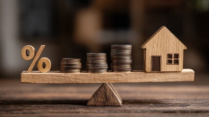 Coins and percentage sign on wooden balance with house model, perfect for real estate investment blogs