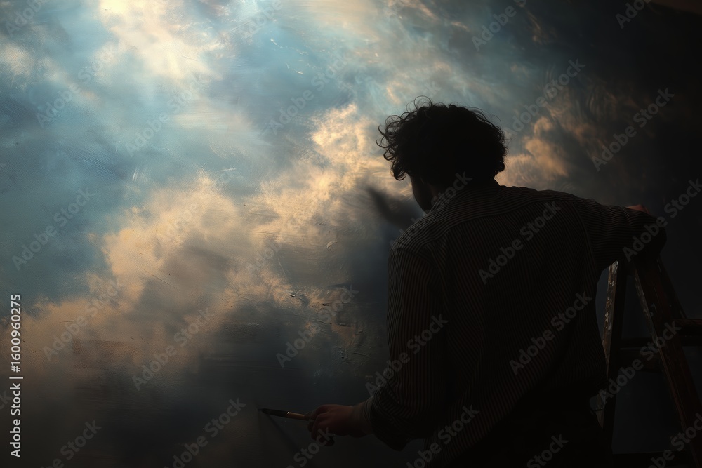 Poster artistic process in a dimly lit room with a painter creating a cloud mural on a large canvas