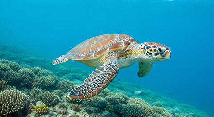 Obraz premium A majestic green sea turtle swims gracefully in the clear blue ocean above a colorful coral reef. A beautiful portrait of marine wildlife.