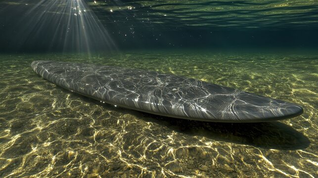 Underwater Surfboard with Sunlight Reflections in Clear Water