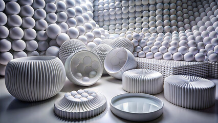 Collection of white spherical objects and ribbed furniture in a studio setting with soft lighting