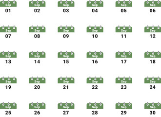 Grid of 31 days of September, calendar pages showing days of the month