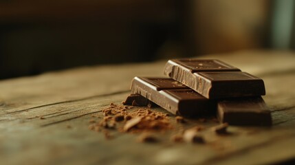 dark chocolate bar close-up on rustic wood table, gourmet food scene, natural light