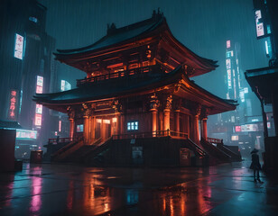 Cyberpunk temple, japanese abstract illustration, futuristic city, dystoptic artwork at night, 4k wallpaper. Rain moody empty future., night view of the temple