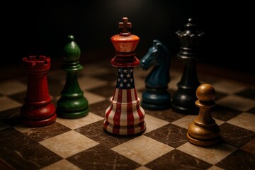 Fototapeta premium Chess pieces on a board with a central king featuring the American flag, surrounded by various colored pieces in a dimly lit setting.