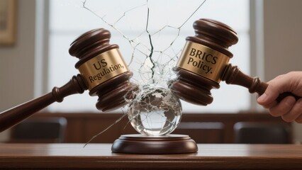 Two gavels labeled "US Regulation" and "BRICS Policy" collide on a glass globe, shattering it, symbolizing conflict or impact between regulatory and policy systems.
