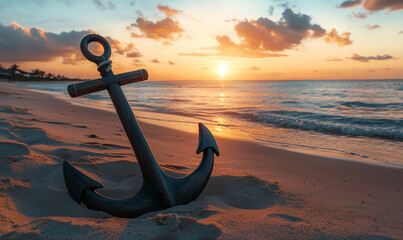 Old vintage anchor on sandy beach by tropical sea at sunset with space for text