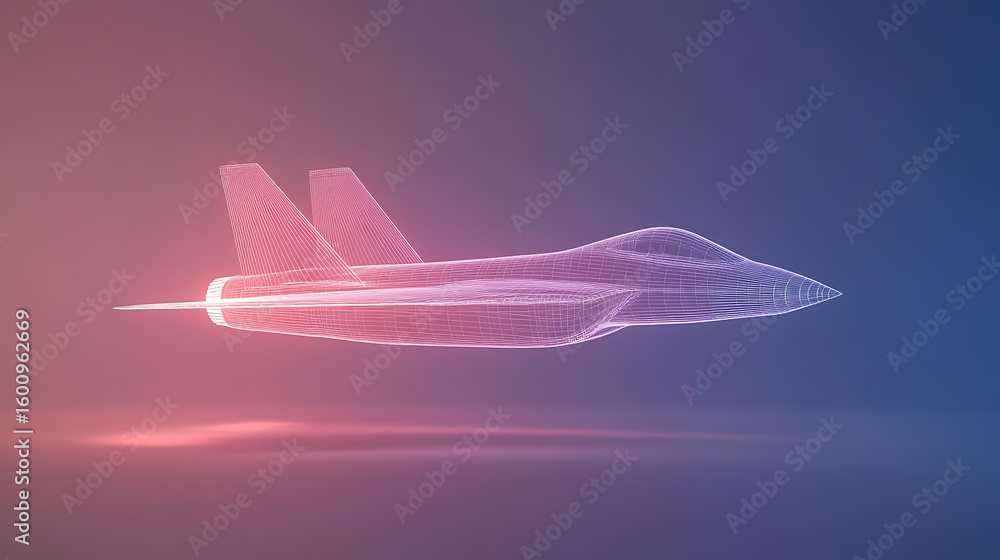 Poster wireframe fighter jet: a futuristic render of an advanced jet, showcasing a blend of technology and 