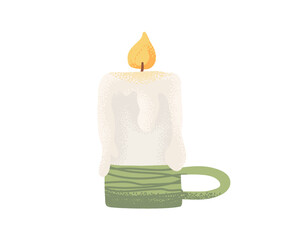 Hand-drawn white candle with melted wax in a green ceramic holder, lit flame, minimalistic design on white background