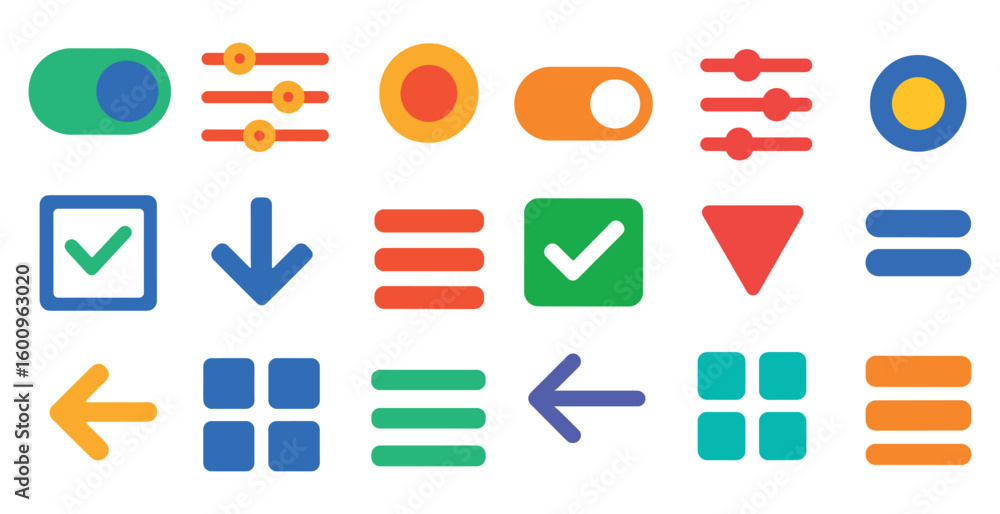 Poster Collection of icons for a computer program. The icons are colorful and include a check mark, an arrow, and a down arrow