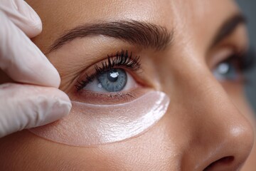 In a serene spa environment, a beautician delicately places a collagen eye mask onto a womans under-eye area, enhancing her skincare routine. The focus is on rejuvenation and relaxation
