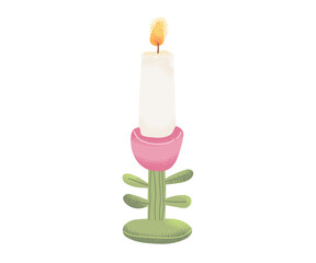 Creative candle design with a pink tulip-shaped base and green leaves, white taper candle on top with a burning flame