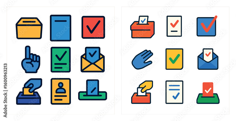 Poster set of icons for various office tasks, including checking boxes, voting, and sending mail. the icons