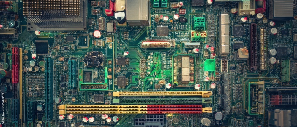 Poster intricate motherboard circuitry: a close-up view of technological complexity