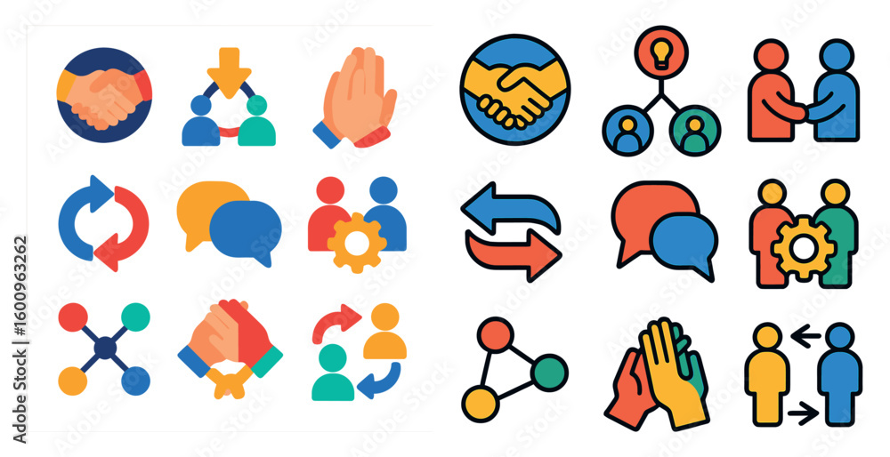 Poster collection of colorful icons that represent collaboration and teamwork. the icons include people sha