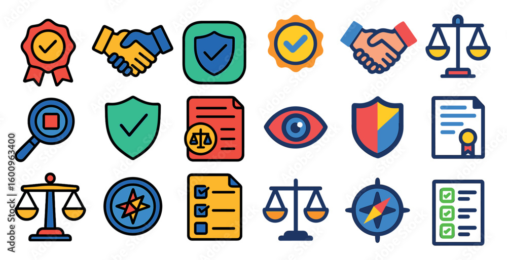 Poster collection of icons that represent different aspects of law and justice. the icons include a handsha