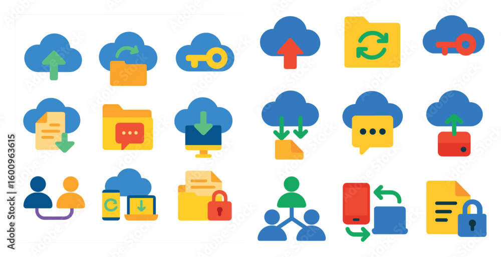 Poster collection of icons for cloud storage and file sharing. the icons include a key, a file, a person, a