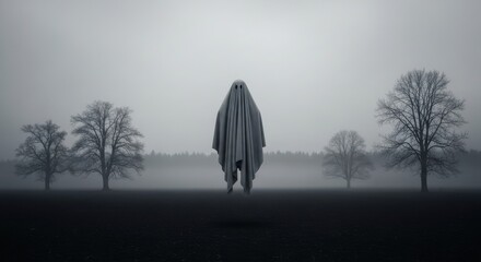 Eerie Figure in a Misty Field Amongst Leafless Trees