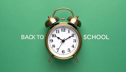 Retro alarm clock on a vibrant green background with the words "Back to School
