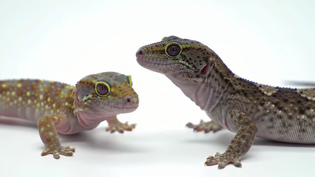 Close Up of Gold Dust Day Gecko Phelsuma Laticauda and Another Lizard on White Background
