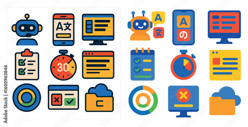 Fototapete Collection of icons for various computer applications. The icons are colorful and feature robots, which suggests that they may be related to technology or productivity