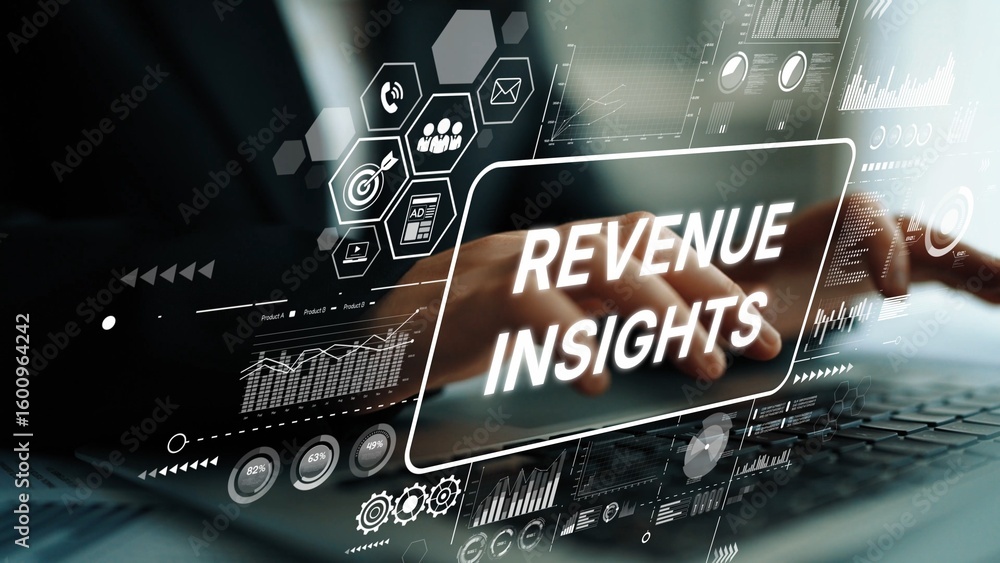 Poster business analytics concept with hands using laptop for revenue insights and data visualization in mo