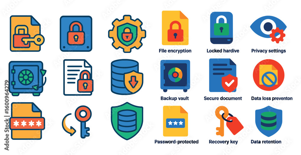 Poster set of icons for a computer security program. the icons include a key, a lock, a file, a folder, a d