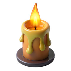 3D Render of Lit Yellow Candle with Melting Wax Effect on transparent background