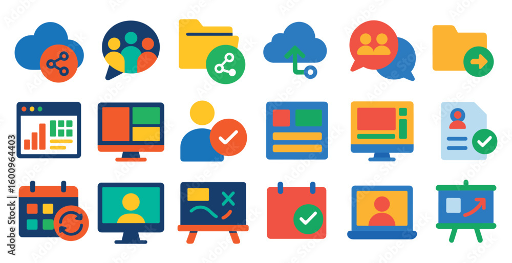 Poster collection of icons for various computer programs and devices. the icons include a calendar, a lapto