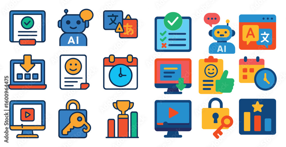 Poster set of icons for a computer program. the icons include a robot, a calendar, a key, a clock, a smiley