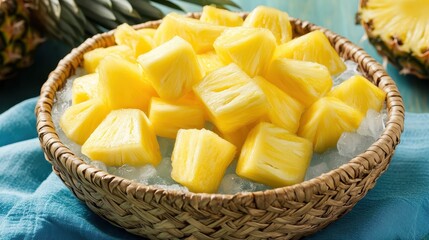 Fresh Pineapple Cubes in a Basket on Ice with Tropical Background