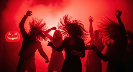 Energetic Halloween Party with Dancing Crowd and Spooky Pumpkin