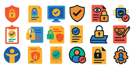 Collection of security icons including a padlock, a key, and a handshake. The icons are arranged in a row and are all yellow