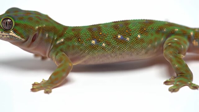Detailed Close Up of Gold Dust Day Gecko Phelsuma Laticauda on White Background Revealing Vibrant Green Brown and Orange Patterns