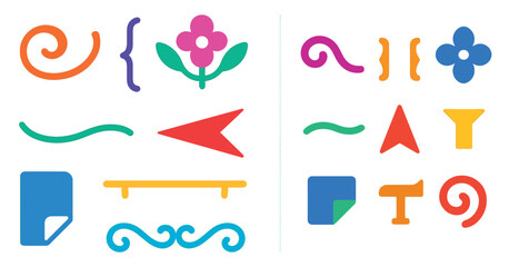 Variety of colorful shapes and lines, including a red arrow, a blue flower, and a green leaf. The shapes and lines are arranged in a way that creates a sense of movement and energy