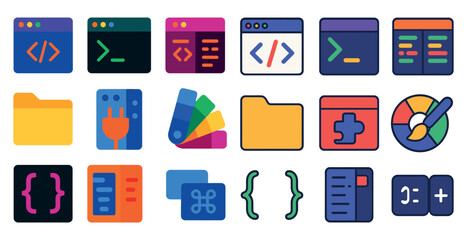 Collection of icons for various computer programs and tools. The icons are colorful and include a file folder, a plug, a paintbrush, and a calculator
