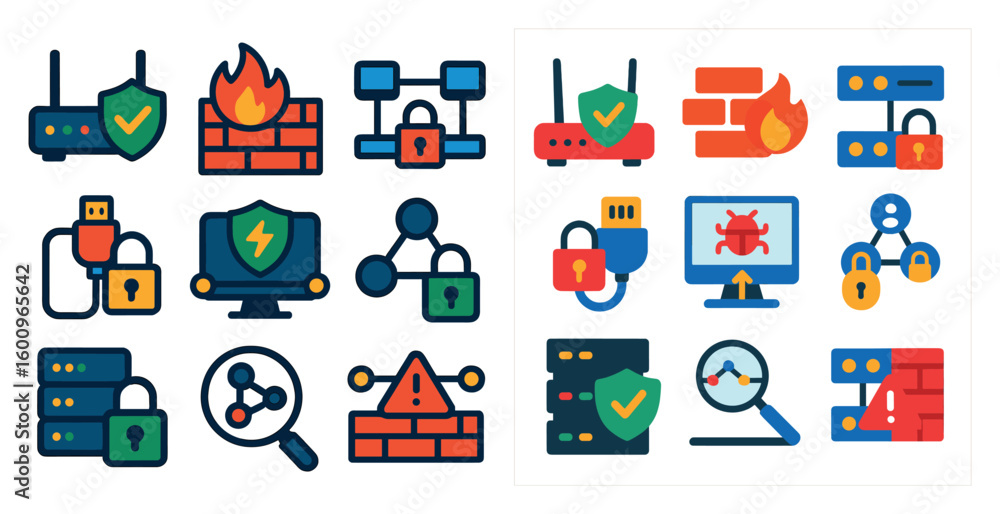 Poster collection of icons for computer security. the icons include a fire, a lock, a magnifying glass, and