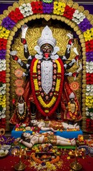 Kali puja festival image: hindu goddess kali idol with flowers and offerings for worship