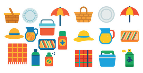 Collection of items that are related to picnics and outdoor activities. The items include a basket, a plate, a cup, a bottle, a bowl, a spoon, a fork, a knife, a hat, an umbrella