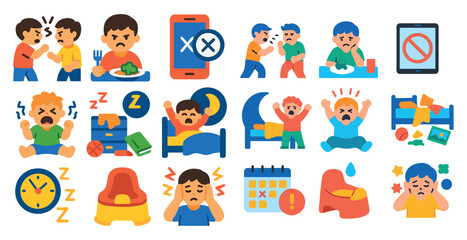 Series of cartoon images depicting various emotions and situations, including a boy in a diaper with a toilet on his head, a boy in a bed with a cell phone, and a boy in a bed with a clock