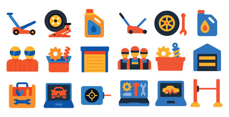 Collection of car repair and maintenance icons. The icons include a tire, a car jack, a wrench, a toolbox, a laptop, a computer, a garage door, and a person